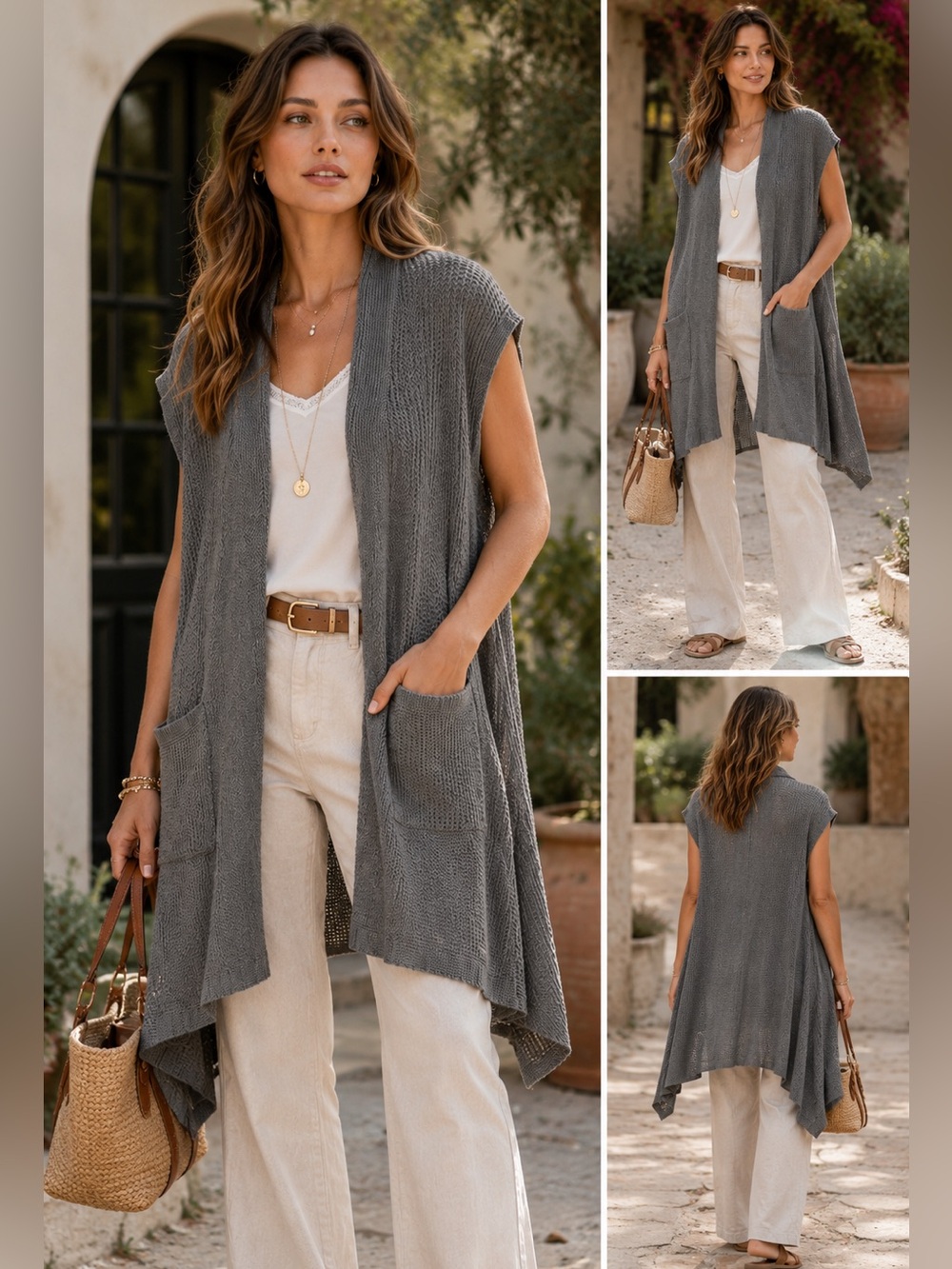 Boho Gray Open-Front Knit Sleeveless Duster - Lightweight Layer